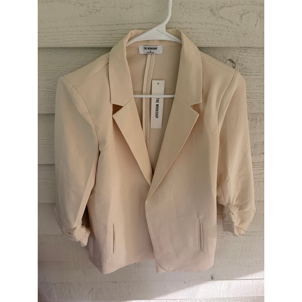The Workshop Cream Open Front Blazer Ruched Sleeve Jacket Women's S/M - Picture 4 of 8